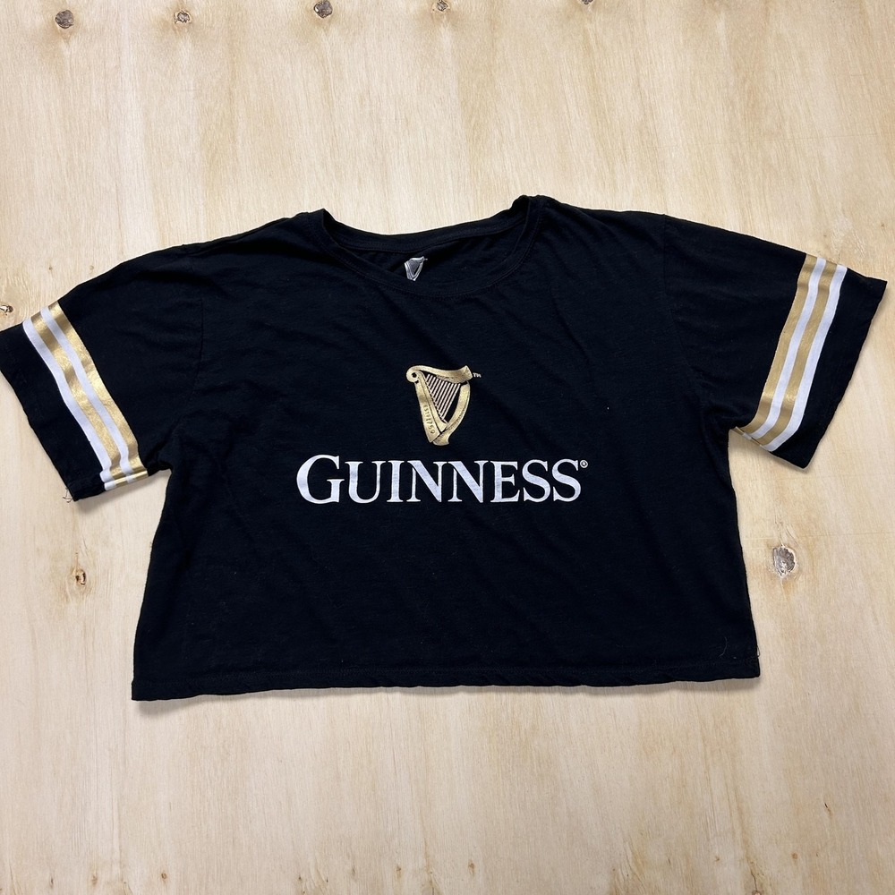 Guinness Shirt Womens XL Black Cropped Short Sleeve Beer Logo Striped Tee Top